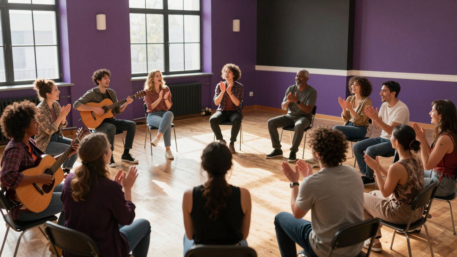 A group of people sitting in a circle in a bright, welcoming room, singing and clapping together with acoustic guitars at a Smashroom community music session